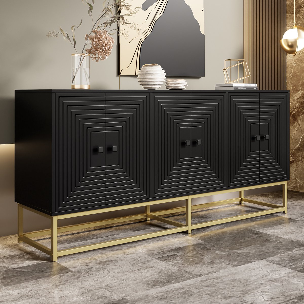 DESMIU Dressoir - Opbergkast Met 3 Dubbele Deuren En Grote Opbergruimte - Voor Woonkamer En Kantoor - Spaanplaat - 160x38x75,5 Cm - Zwart