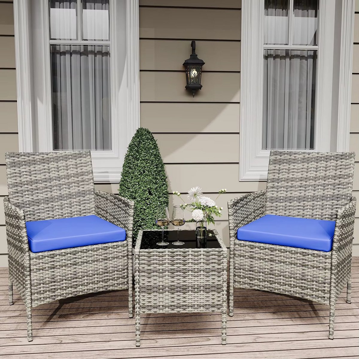 3-Delige Rotan Bistroset – 2 Tuinstoelen met Zachte Kussens & Salontafel met Glazen Blad – PE-Rotan Balkonset voor Tuin, Veranda & Terras