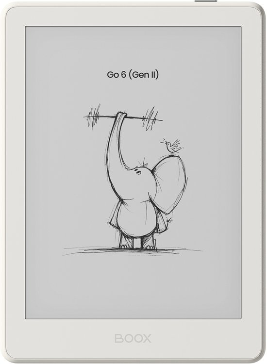 Witte BOOX Go 6 (Gen II) e-reader met getekende olifant op het scherm.