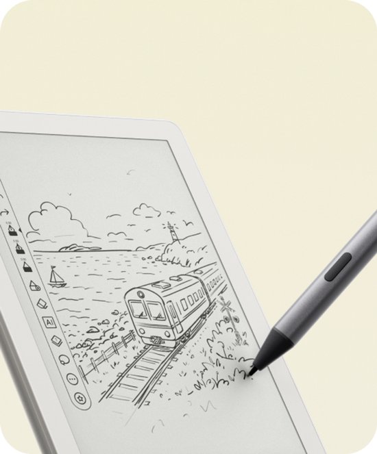 Hand tekent met stylus op het scherm van een BOOX Go 6 (Gen II) e-reader, met een tekening van een trein en zee.