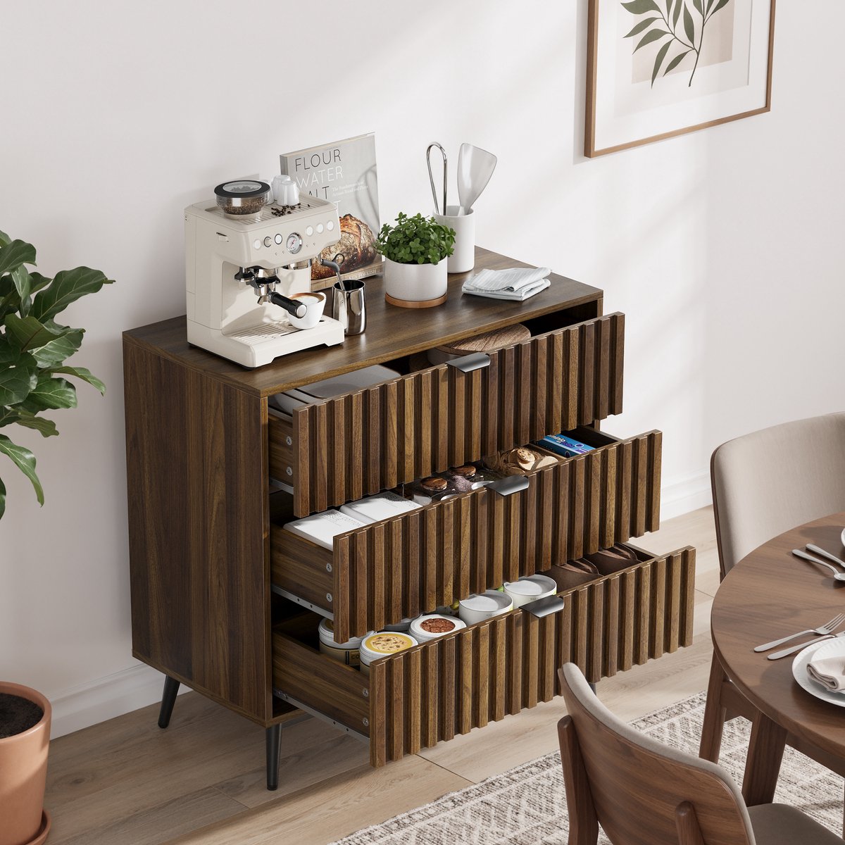 DESMIU Ladekast - Modern Opbergmeubel Met 3 Laden - Veelzijdig Voor Slaapkamer Woonkamer En Hal - MDF - 80x39x78 Cm - Walnootkleur