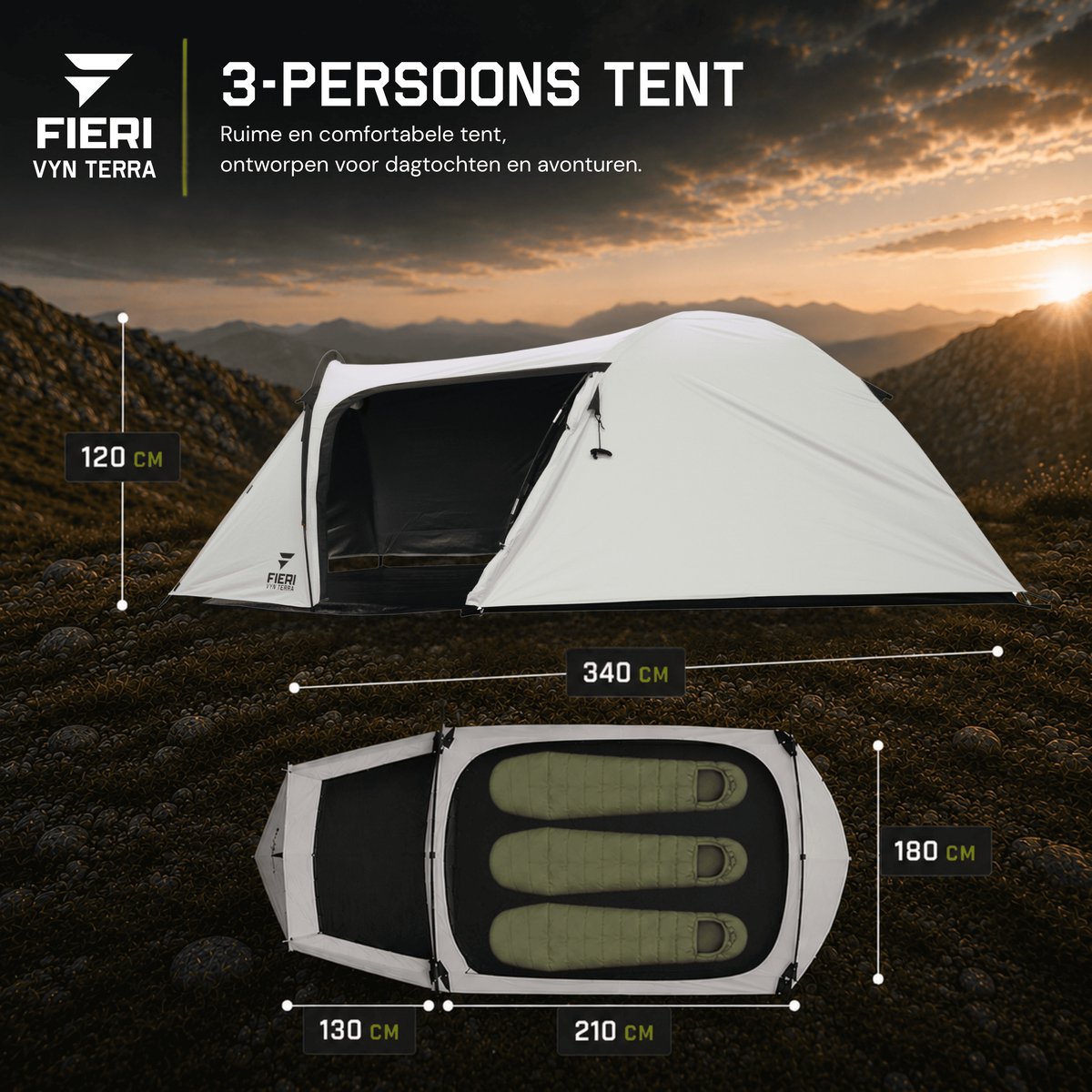 Fieri VYN Terra Cooldome Koepeltent - 3 Persoons Tent - Ruim & Waterdicht – foto 8