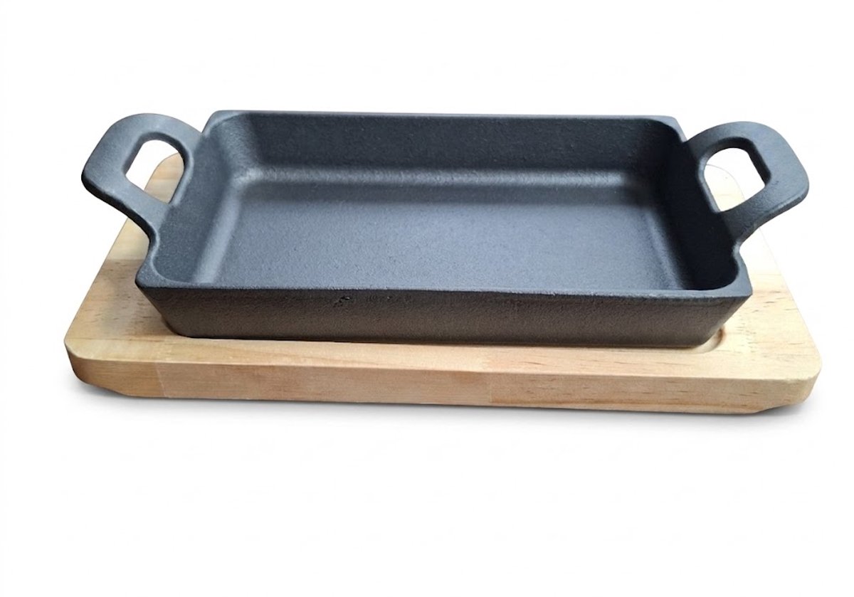 M.T.C© Gietijzeren pannetje-Langwerpige pan-20x12 cm-Serveerpan-Houten onderzetter-Kamado-Dutch oven-BBQ-Grill