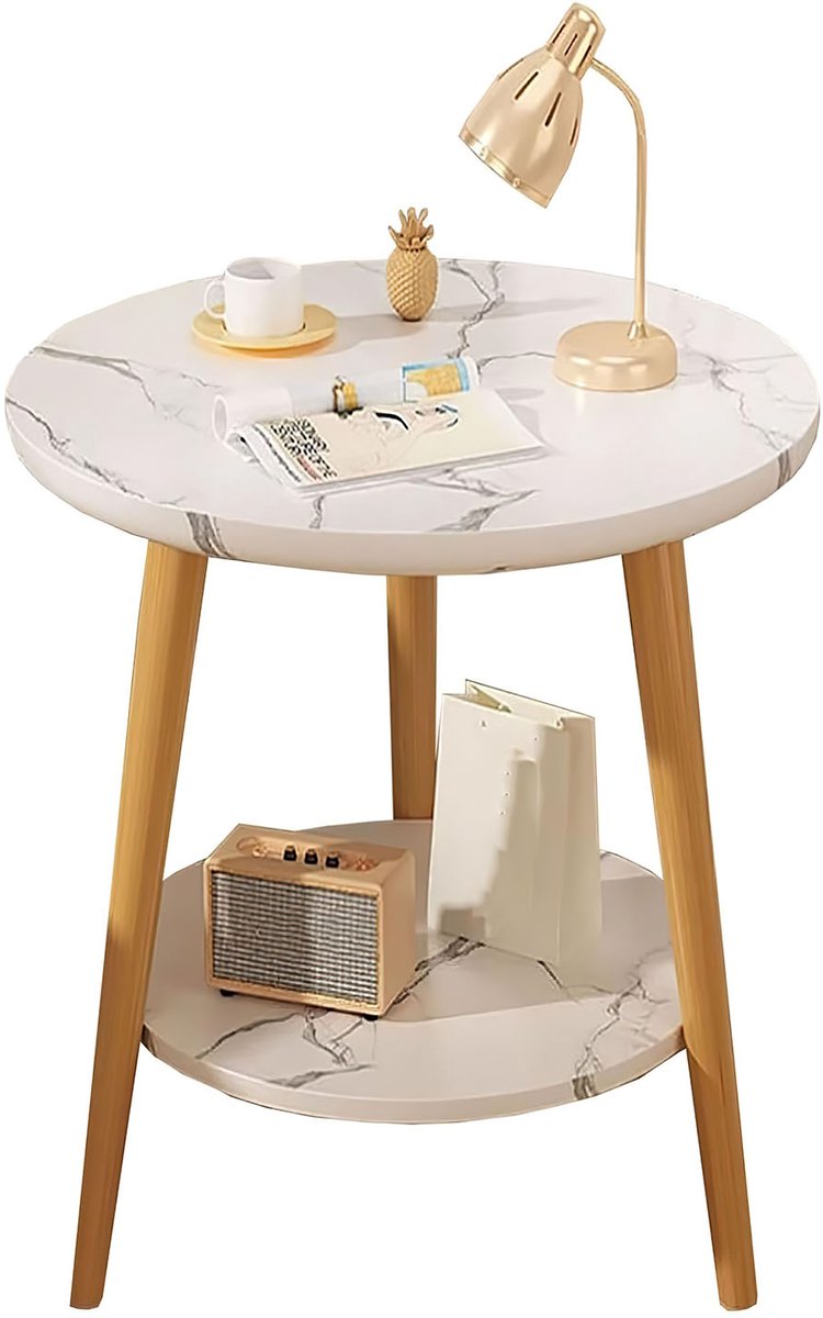 Ronde Salontafel Bijzettafel 2-Laags Modern Side Table voor Woonkamer Sofa Nachtkastje Marmerlook 50×50×60 cm