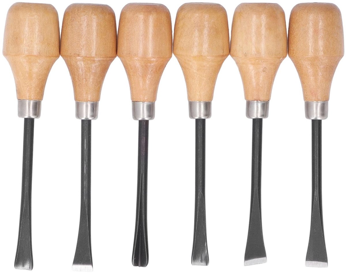Dailygoods- Houtsnijbeitel Set 6 Stuks - Halfronde Handgreep - Beukenhout/Staal - Scherpe Rand - Duurzaam - Voor Houtbewerking - Beitelset