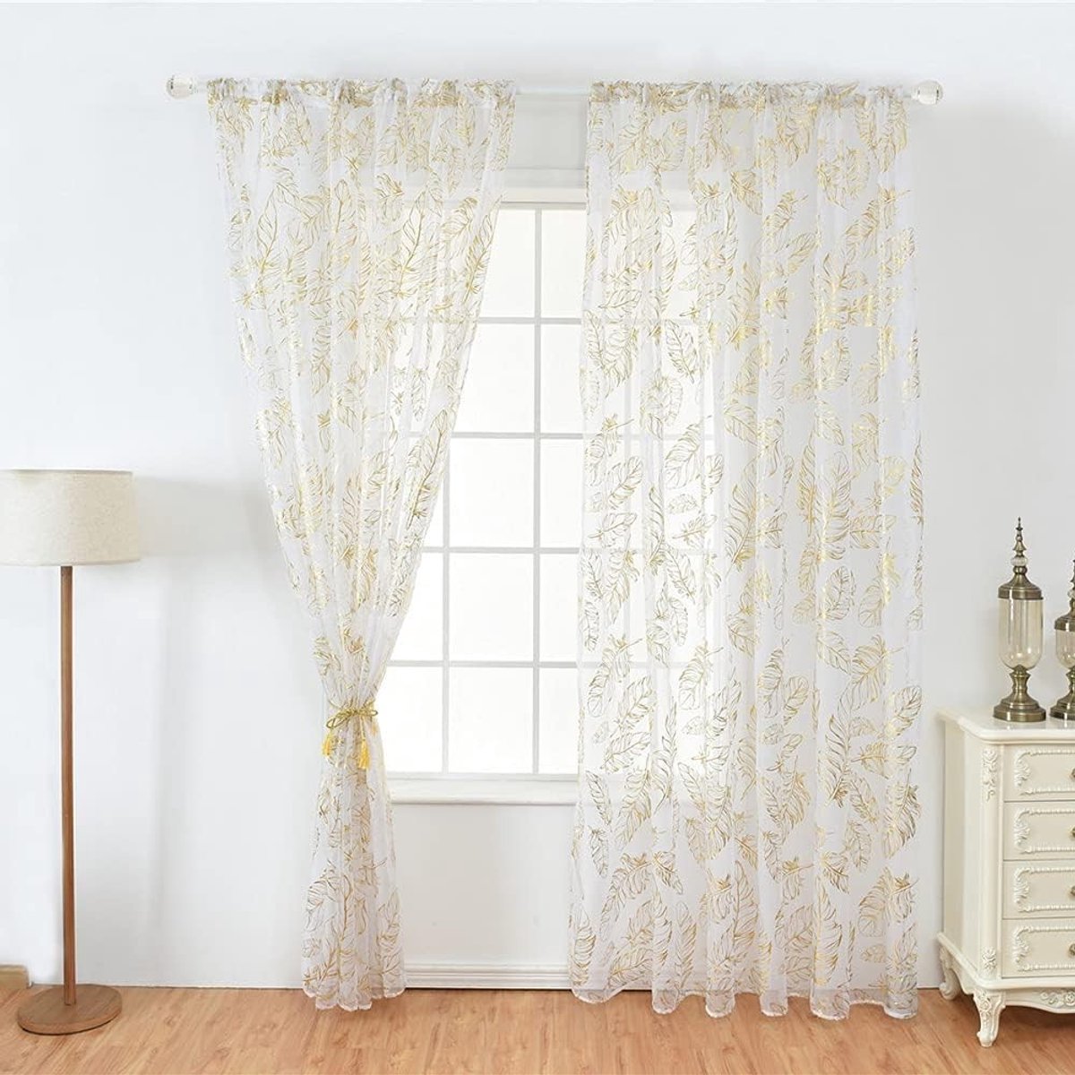 Dailygoods- Gordijnen Transparant - Tule Gordijn 100 x 200 cm - Veerpatroon - Goud/Zilver - Voor Raam/Deur - Machinewasbaar - Raamdecoratie
