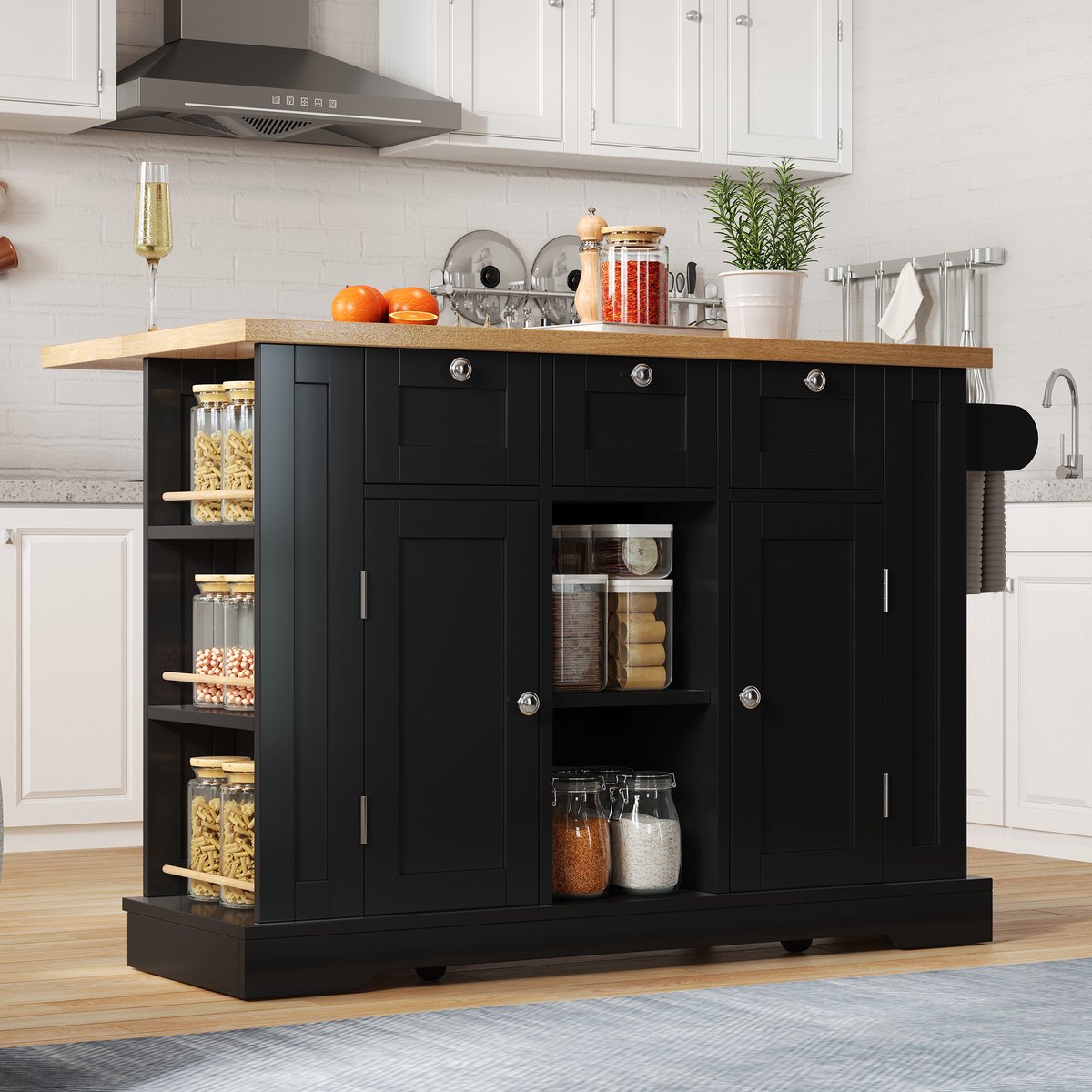 DESMIU Keukenwagen - Uitschuifbaar Werkblad Met Opbergruimte En Stopcontact - Voor Keuken En Eetruimte - MDF - Naturel En Zwart - 132x40x87 Cm