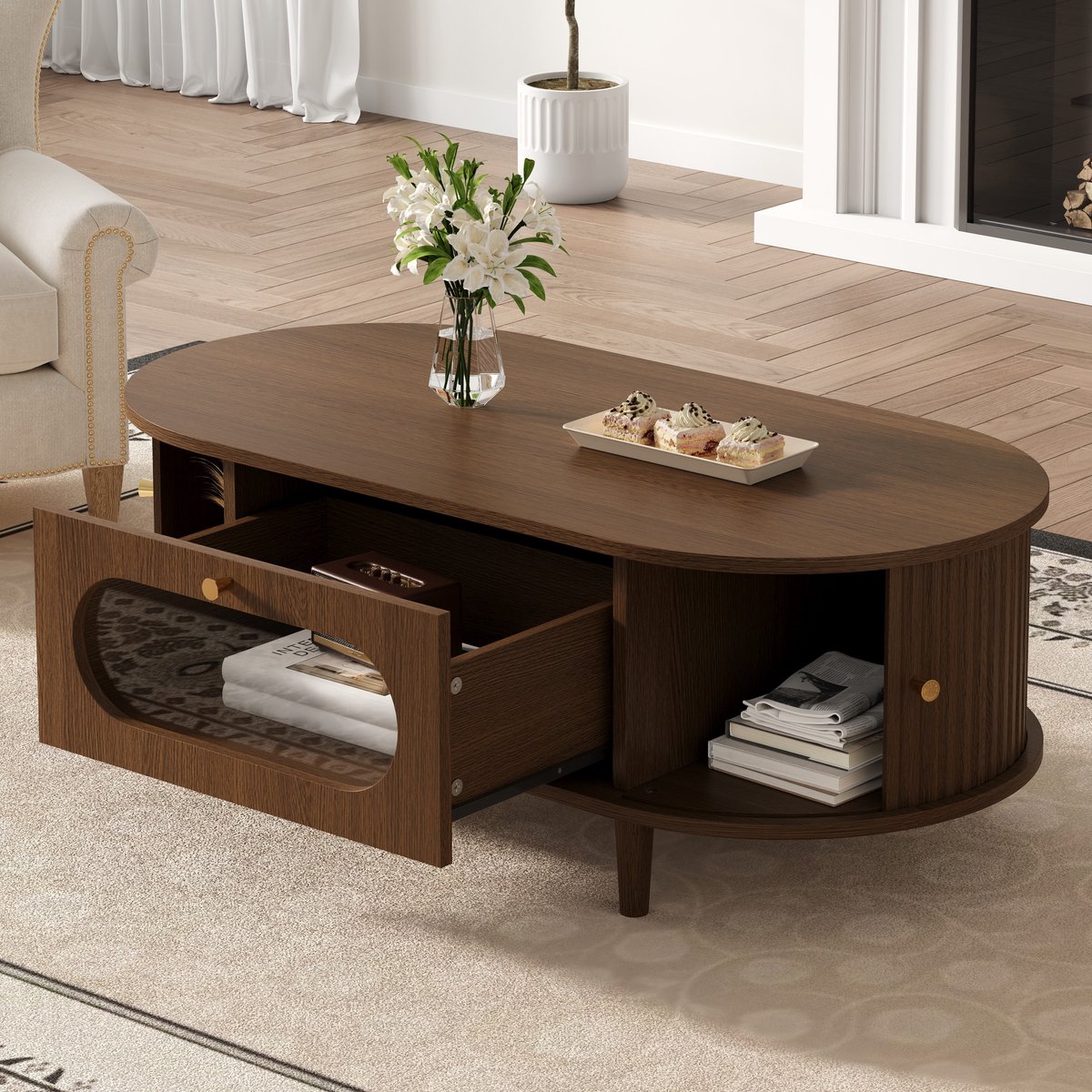 DESMIU Salontafel - Walnootlook Met Lade En Roldeuren - Voor Woonkamer En Kleine Ruimtes - MDF En Acryl - 100 X 50 X 36 Cm