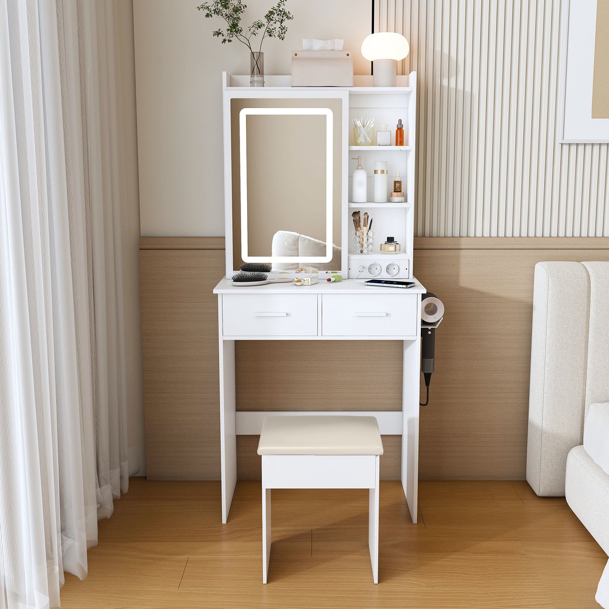 DESMIU Kaptafel - Verstelbare Led Verlichting Met Stopcontacten - Voor Slaapkamer En Kleedruimte - Mdf - Wit - 60 X 36 X 136 Cm