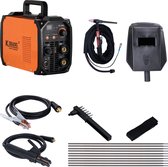 Oranje Kibani TIG-200S lasapparaat met accessoires: laskap, toorts, aardeklem, elektrodehouder, borstel en 5 kg laselektroden.