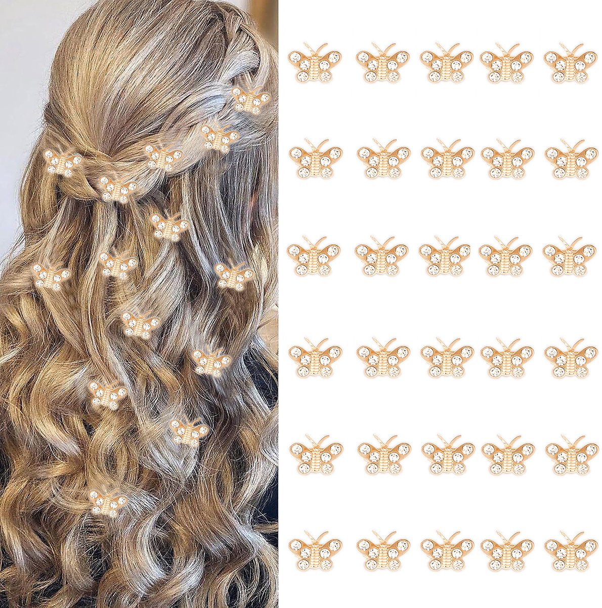 30 Stuks Mini Strass Vlinder Haarspeldjes | Goud Glinsterende Haarclips | Feeërieke Bruiloft Bruid Haaraccessoires | Decoratieve Haarspelden Voor Dames | Voor Huwelijk Feestjes En Dagelijks Gebruik | Stevige Grip Zonder Haarbeschadiging| Cyslmuk®
