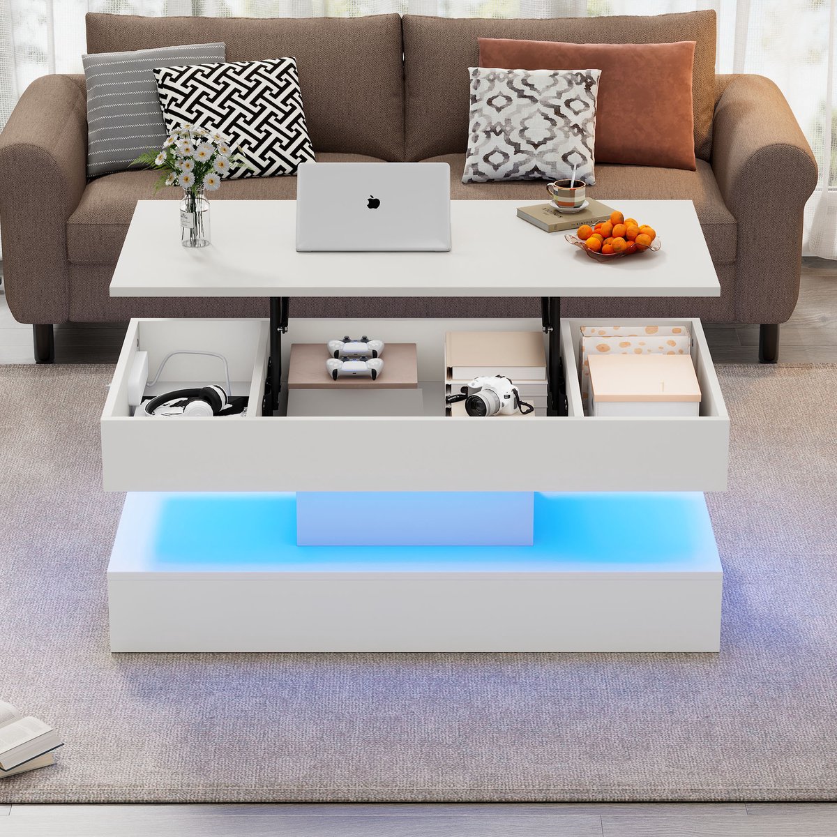 DESMIU Salontafel - Verstelbare Led Salontafel Met Verborgen Opbergruimte En Stopcontact - Woonkamer - Spaanplaat - Wit - 100x50x42 Cm
