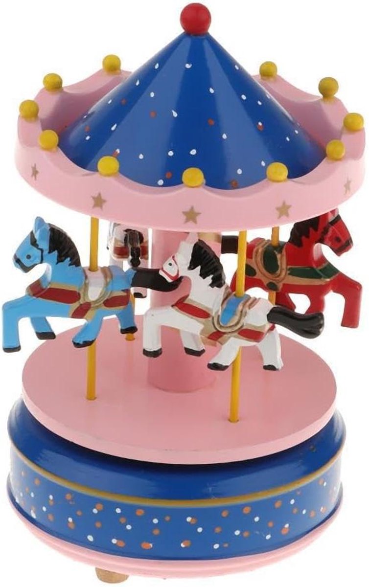 Houten Muziekdoos - Draaimolen Paardjes - Babykamer Decoratie - Opwindbaar met Muziek - 105x170mm - Blauw Roze