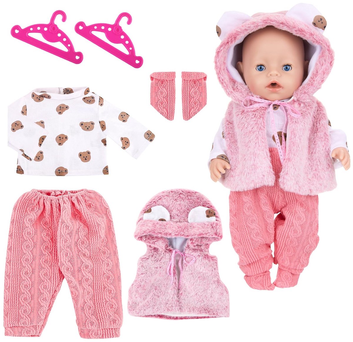 Dailygoods- Poppenkleding 4-delige Set - Roze Beer - Accessoires - Handwas - Zachte Cyclus - 1 Stuk - Poppenoutfit