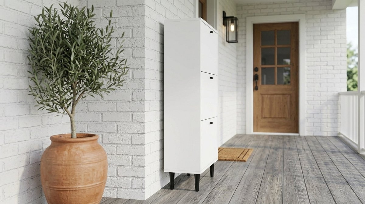 Schoenenkast House&Garden Dotti 530 – Wandgemonteerde Ruimtebesparende Schoenenopberger met Klapdeur & Extra Opbergruimte – Scandinavisch Design – Wit – 55 cm Breed – 129 cm Hoog – 21 cm Diep – Krasbestendig Laminaat – Hal Meubel