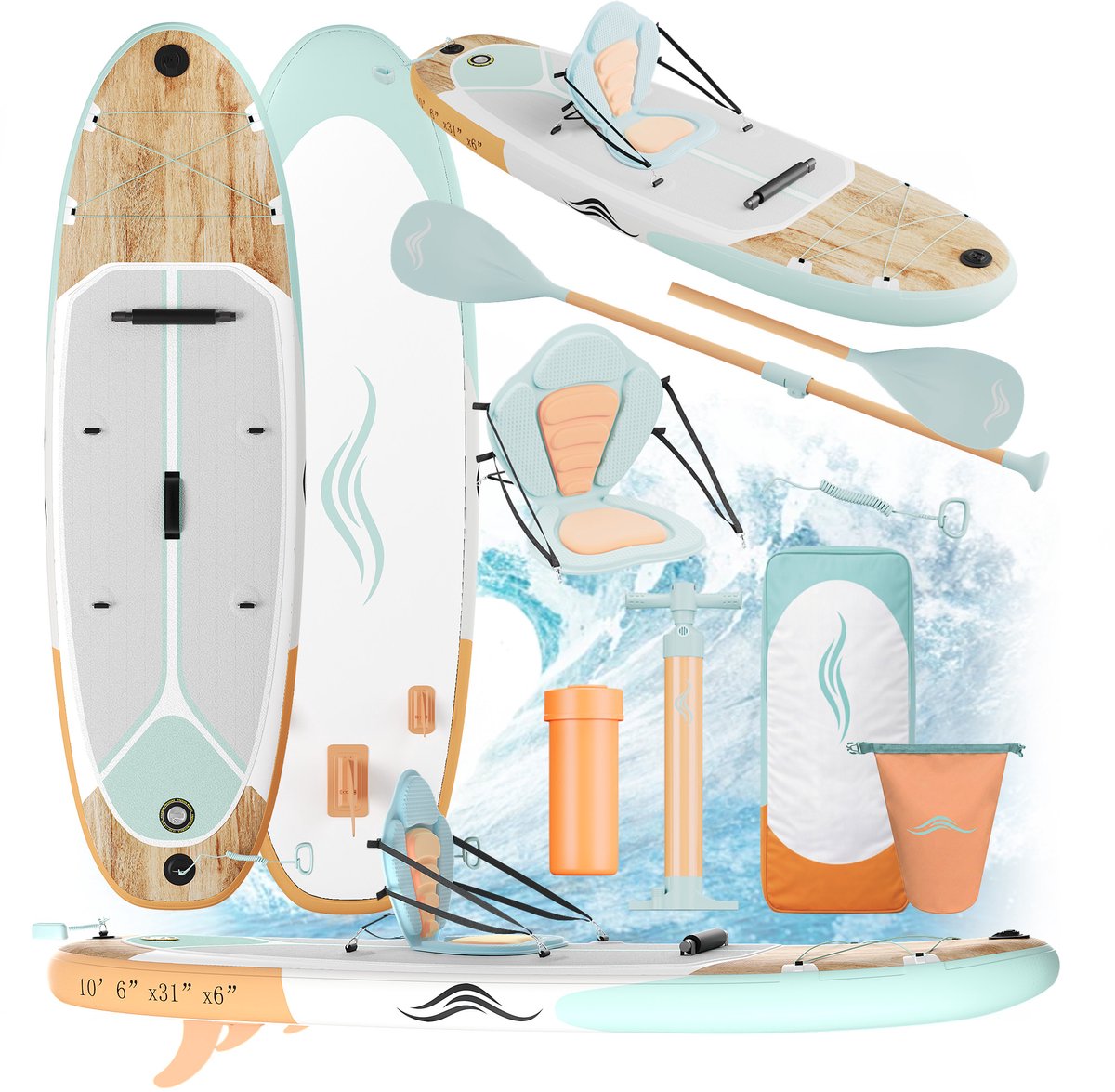 Devoko SUP board XL - allround - opblaasbaar paddle board - limited collection - stand up paddle board - compleet SUP pakket paddleboardpakket - 130 kg - 79x 320cm - Houtkleur + mintgroen