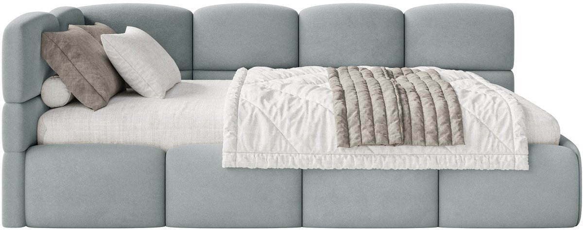 Selsey Cloudy – Tienerbed 120 cm, Opbergbak, Waterafstotend velours, Hoofdbord links, Grijs