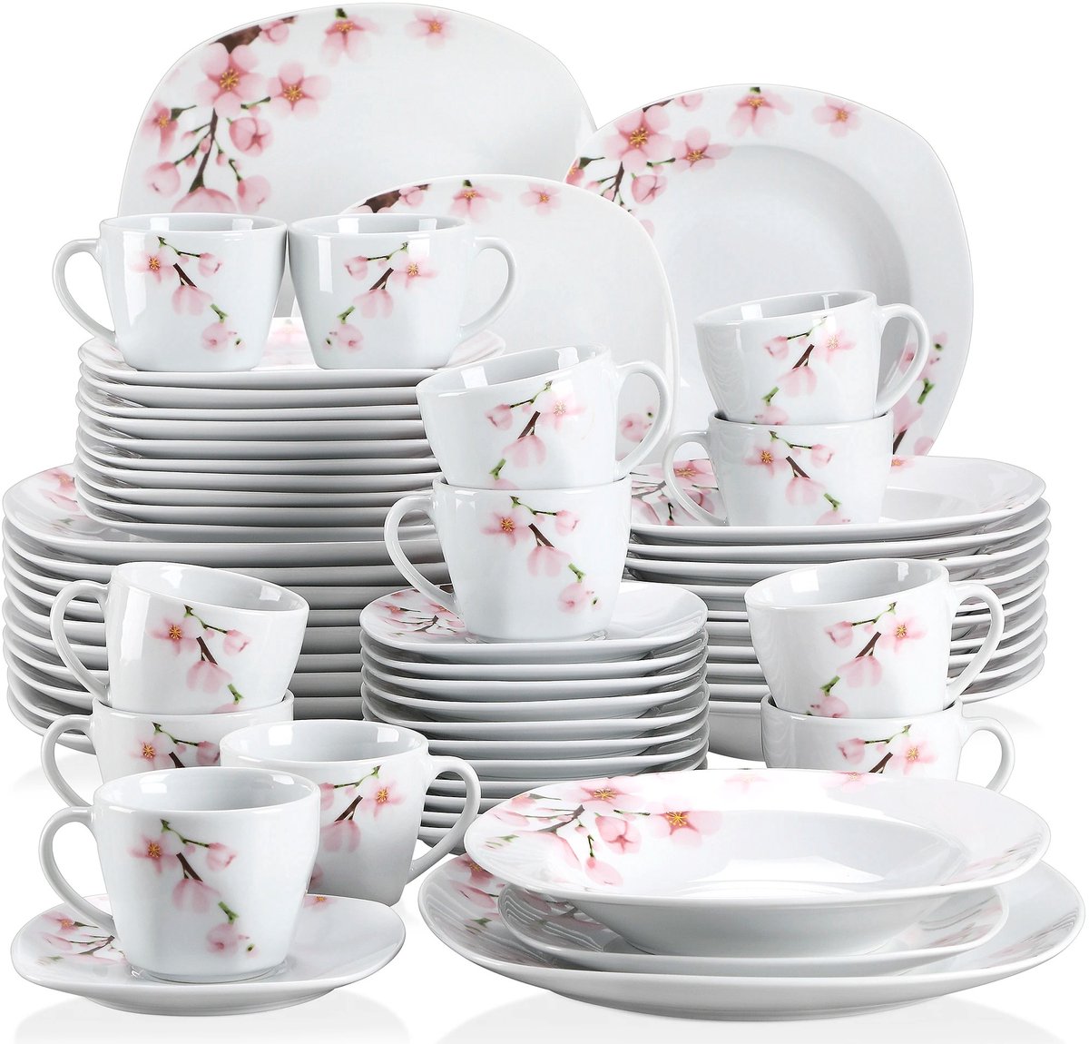 Home & Beyond® Serviesset 60-delig – Porselein – Servies voor 12 Personen – Dinerborden, Ontbijtborden, Soepborden, Kopjes & Schotels – Magnetron- & Vaatwasserbestendig