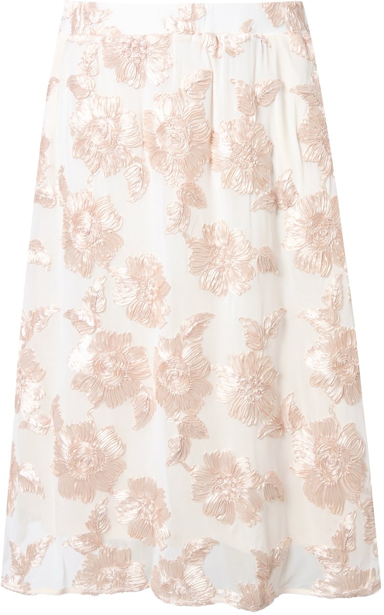 Ulla Popken - Dames - Midi-rok bloemapplicaties A-lijn elastische tailleband - Parelwit - Maat 42+