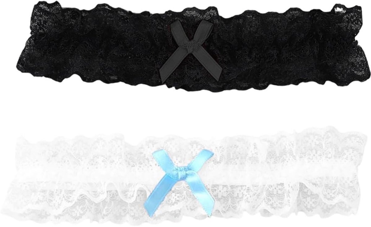Dailygoods- Kousenband Elegant - Kousenband Bruiloft - Jarretelsetje met Kousen - Kousenband Kant - Kousenband Blauw/Wit - 2 Stuks - Jarretel