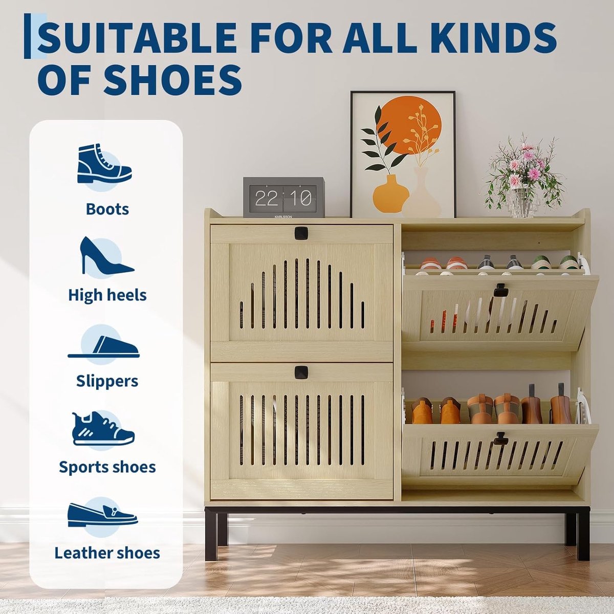Schoenenkast met 4 Klepvakken – House&Garden Houten Schoenenkast Smal Naturel – Schoenenrek voor 24-32 Paar Schoenen – Ruimtebesparende Schoenenopberger met Verstelbare Vakken voor Hal, Gang en Entree – 105 x 24 x 96 cm