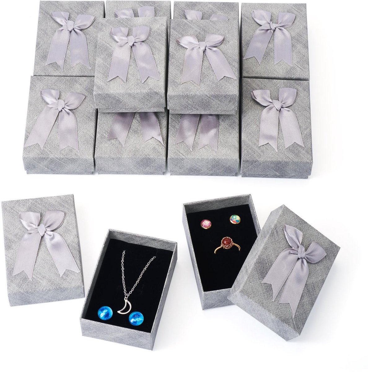 Dailygoods- Sieraden Opbergdozen 12 Stuks - Rechthoekige Kartonnen Dozen - 9,2x6,2x3 cm - Met Strik - Bescherming Tegen Stof en Krassen - Juwelendoosjes