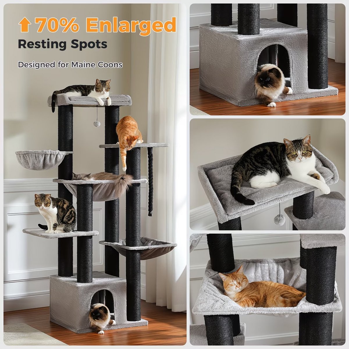 NordPaw® Krabpaal XXL voor Grote Katten 170 cm - Kattenboom met 7 Niveaus - 3 Hangmatten - Extra Groot Kattenhuis - 11 Sisal Krabpalen - Geschikt voor Maine Coon & Meerdere Katten - Zwart/Grijs – foto 4