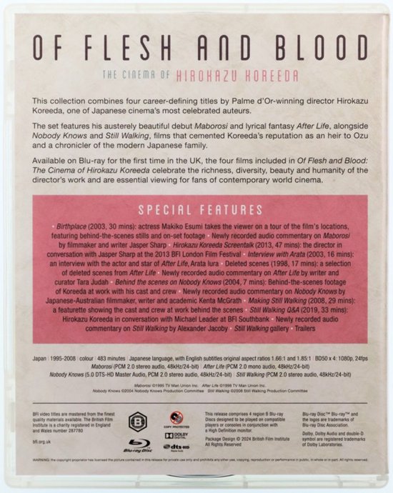 Achterkant van de Blu-ray hoes "Of Flesh and Blood: The Cinema of Hirokazu Koreeda", met speciale kenmerken en technische specificaties.