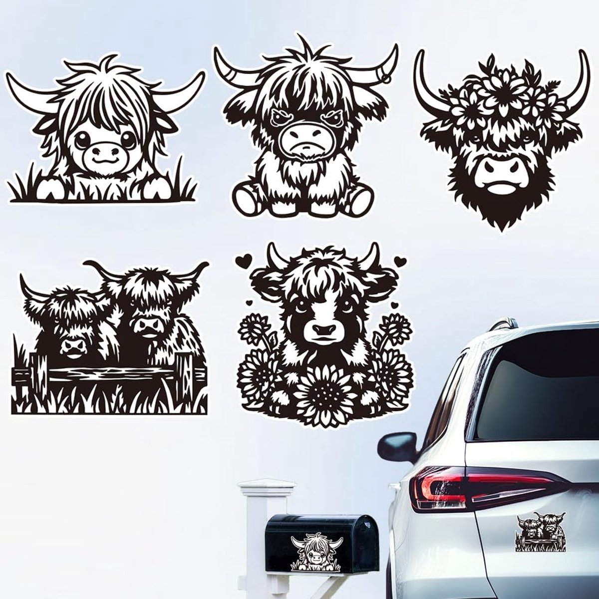 Dailygoods- Auto Stickers Reflecterende Dieren - Hoogland Koe Stickers - Waterdichte Decoratie - 5 Stuks - 16,1 x 5,83 Inch - Plastic Materialen - Autodecal