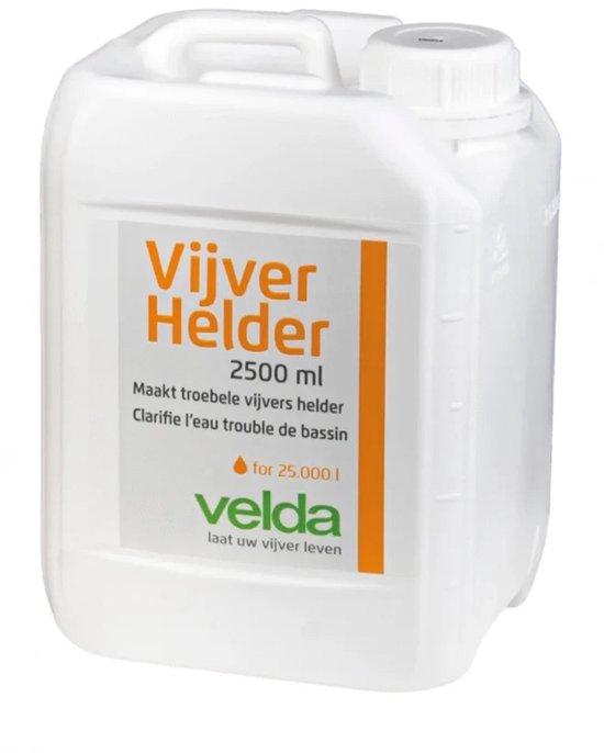 Witte kunststof jerrycan van 2500 ml met oranje label 'Vijver Helder'.