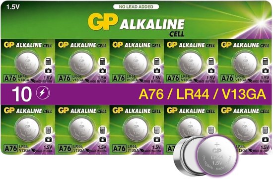 Verpakking van 10 GP A76 (LR44/V13GA) alkaline knoopcelbatterijen, 1.5V.