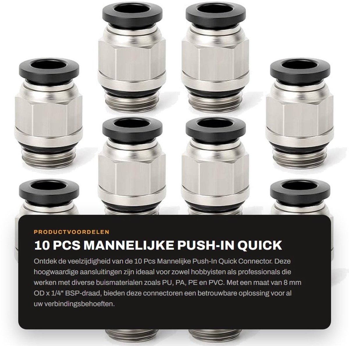 Dailygoods- Snelle Connector - 10 Stuks - 8 mm OD x 1/4" BSP - Messing/Kunststof - Push-In Aansluiting - Rubber Ring Afdichting - Fittingen