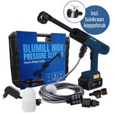 Blauwe BluMill hogedrukreiniger met draadloze accu, koffer, schuimfles, slang en diverse aansluitingen.