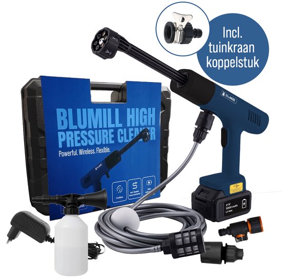 BluMill Hogedrukreiniger op Accu - Draadloze Hogedrukspuit - 6 in 1 Spuitkop - 5 m Waterslang - Voor Auto, Tuin en Camping