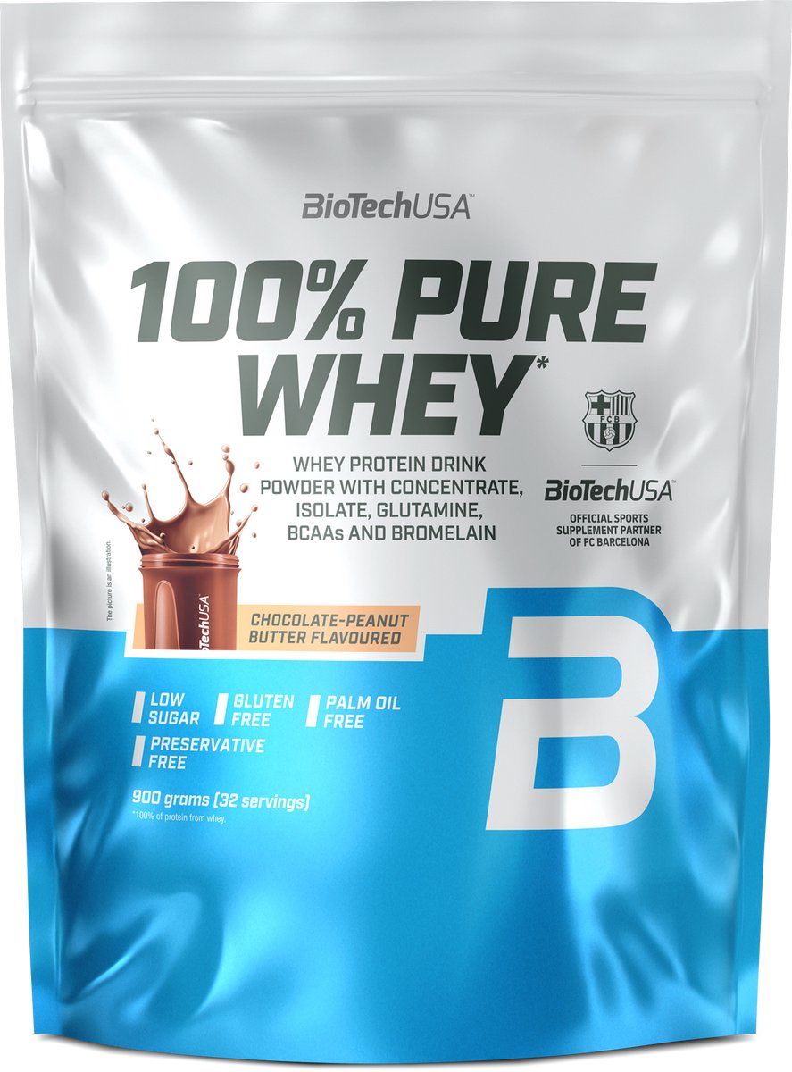 BioTechUSA 100% Pure Whey | Eiwitpoeder met BCAA en Glutamine | Glutenvrij, Palmolievrij | 21g Eiwit per portie, 900 g, Chocolade-Pindakaas