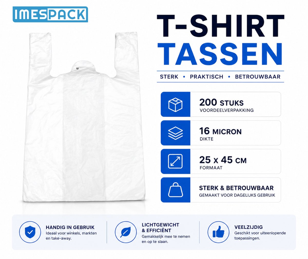 Hemdtas - 200st. - 25x45cm - 16mic - Wit - HDPE - Sterk - IMES PACK