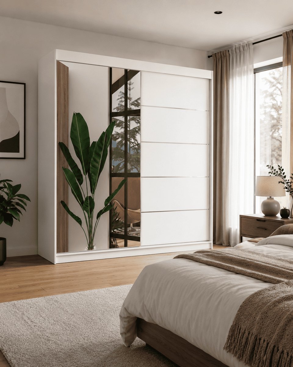 AJE Meubles B.V. Schuifdeurkast MIRANO 200 cm met spiegel – witte kledingkast met 11 legplanken, kledingroede en zilverkleurige sierlijsten – 200x215x58 cm - Wit