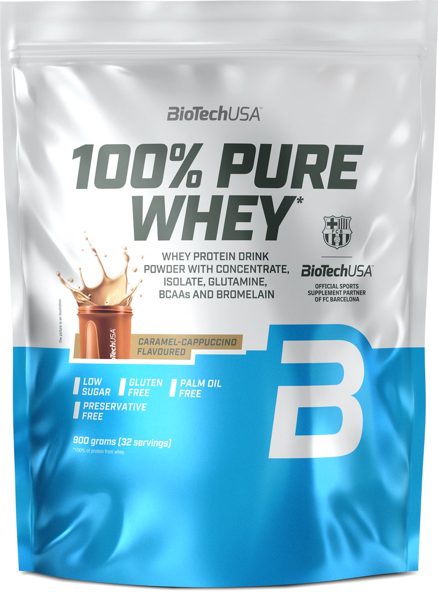 BioTechUSA 100% Pure Whey | Eiwitpoeder met BCAA en Glutamine | Glutenvrij, Palmolievrij | 21g Eiwit per portie, 900 g, Karamel-Cappuccino