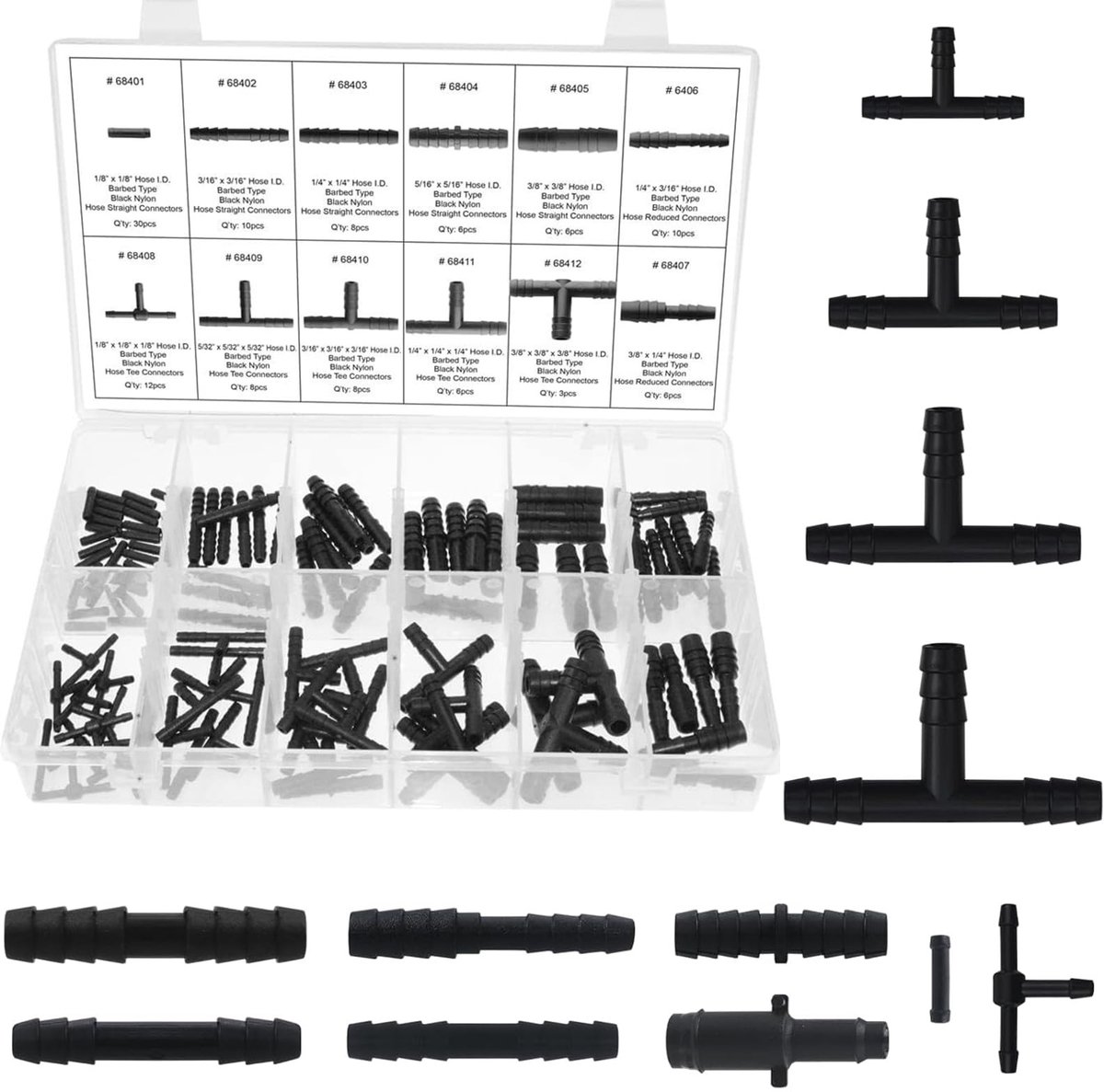 Dailygoods- Slangverbinder Set 113 Stuks - T-verbinder 4/5/6 mm - Irrigatiesystemen - Tuinslangen - Ruitenwasinstallatieslangen - Hoogwaardig Kunststof - Slangaansluitingen