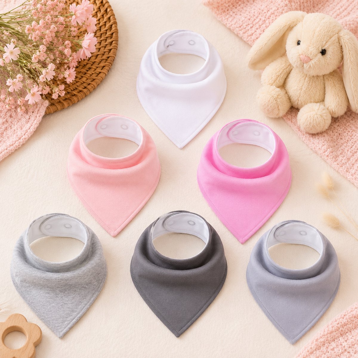 6 Kwijlslabbetjes Baby Bandana – Absorberende Slabbetjes met Fleece Achterkant – Verstelbaar met Drukknopen – Set van 6 – Roze, Grijs