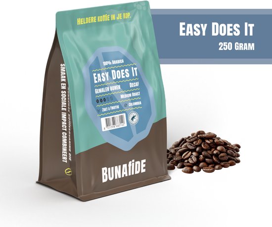 Zak koffie "Easy Does It" 250 gram met een illustratie van koffiebonen.