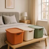 INDECOR-Boîte de rangement 20 litres Set de 3 avec couvercle – Boîtes de rangement empilables sans BPA avec poignées – Paniers de rangement pour vêtements, jouets et accessoires – Terracotta, Blanc et Vert