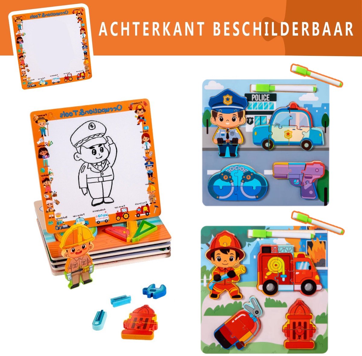 Set van 2 Houten 3D Inlegpuzzel Beroepen - Brandweer ,Politie - Chunky Puzzel Peuter 2 3 4 Jaar - Educatief Speelgoed met Tekenbord & Stift - Montessori Leren - Jongens Meisjes - Cadeau peuter