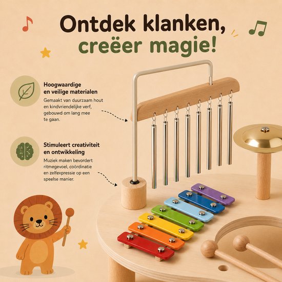 Dichtbij detail van de muziektabel, met een xylofoon met regenboogkleuren, metalen bellen en een trommel.
