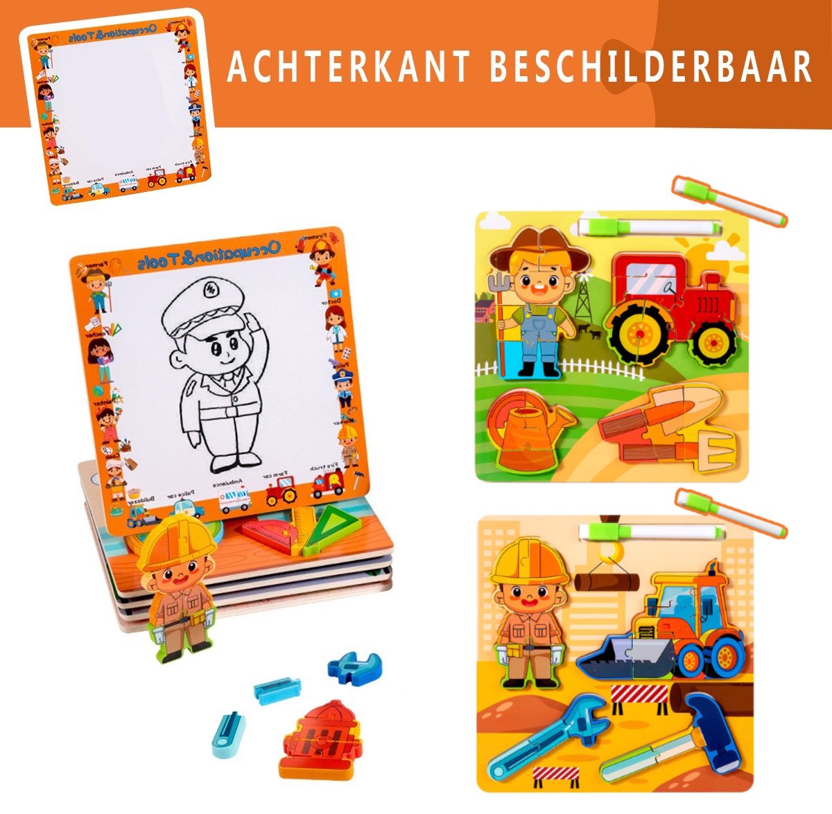 Set van 2 Houten 3D Inlegpuzzel Beroepen - Bouwvakker,Boer - Chunky Puzzel Peuter 2 3 4 Jaar - Educatief Speelgoed met Tekenbord & Stift - Montessori Leren - Jongens Meisjes - Cadeau peuter