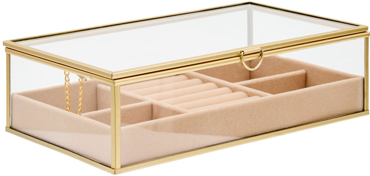 Atmosphera Sieradenkistje Classico - 24 x 14 x 7 cm - transparant/beige - Juwelenkistje met deksel - vakjes indeling - Luxe cadeau