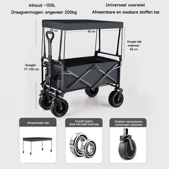 Rolu Bolderkar Met Dak - Bolderkar Opvouwbaar - 150L - 200KG Draagvermogen - Lichtgewicht - Met Duwstang - Strandkar - Zwart van Rolu — afbeelding 5