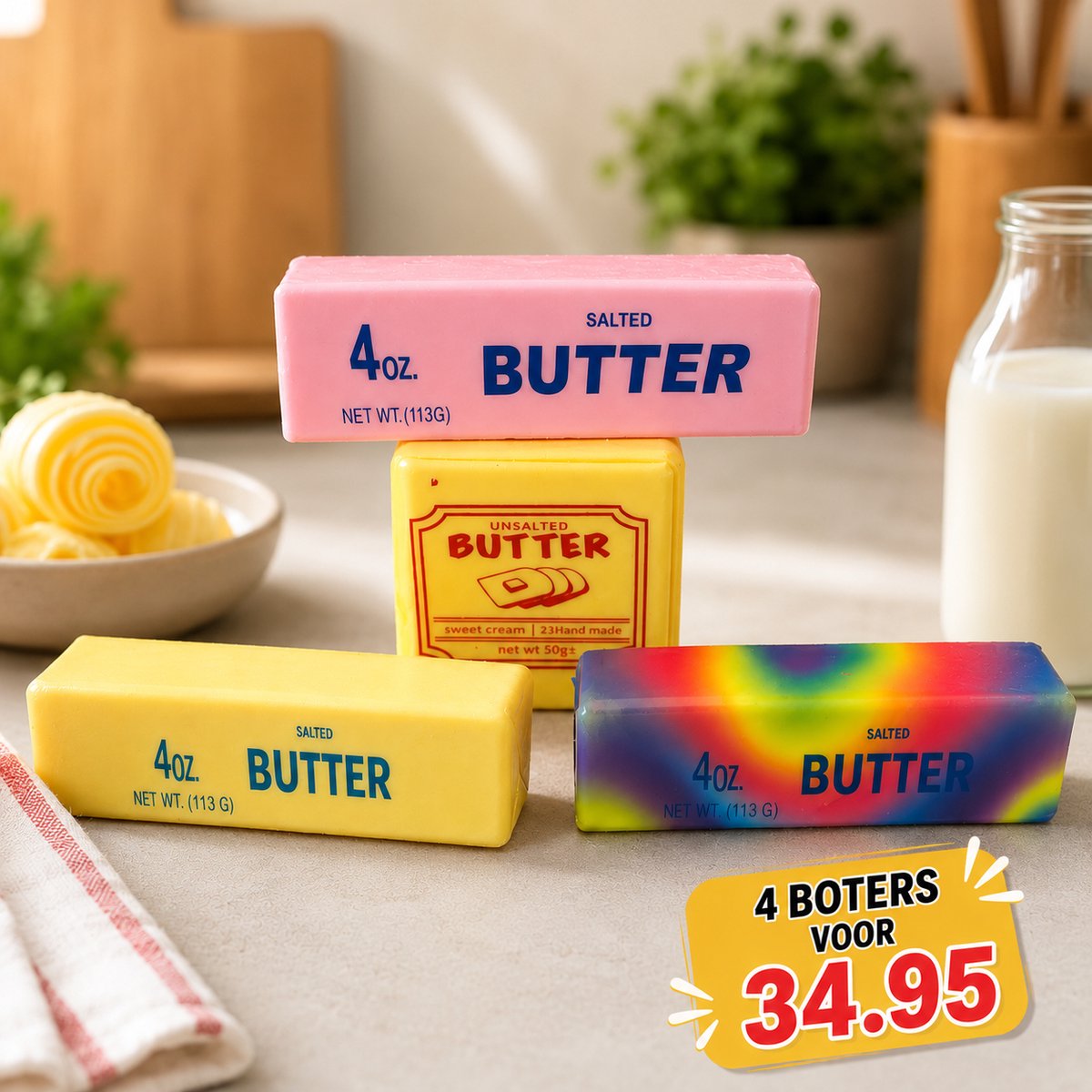 Squishy - boter - set 4 stuks - butter - fidget - kneden - kinderen