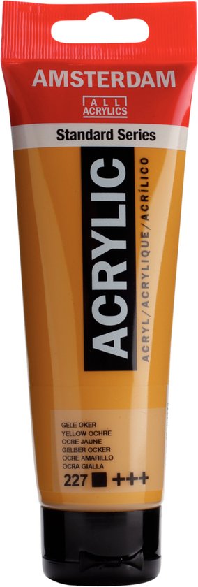 Tube de peinture acrylique Amsterdam Standard Series 120 ml ocre jaune 227, avec étiquette orange.
