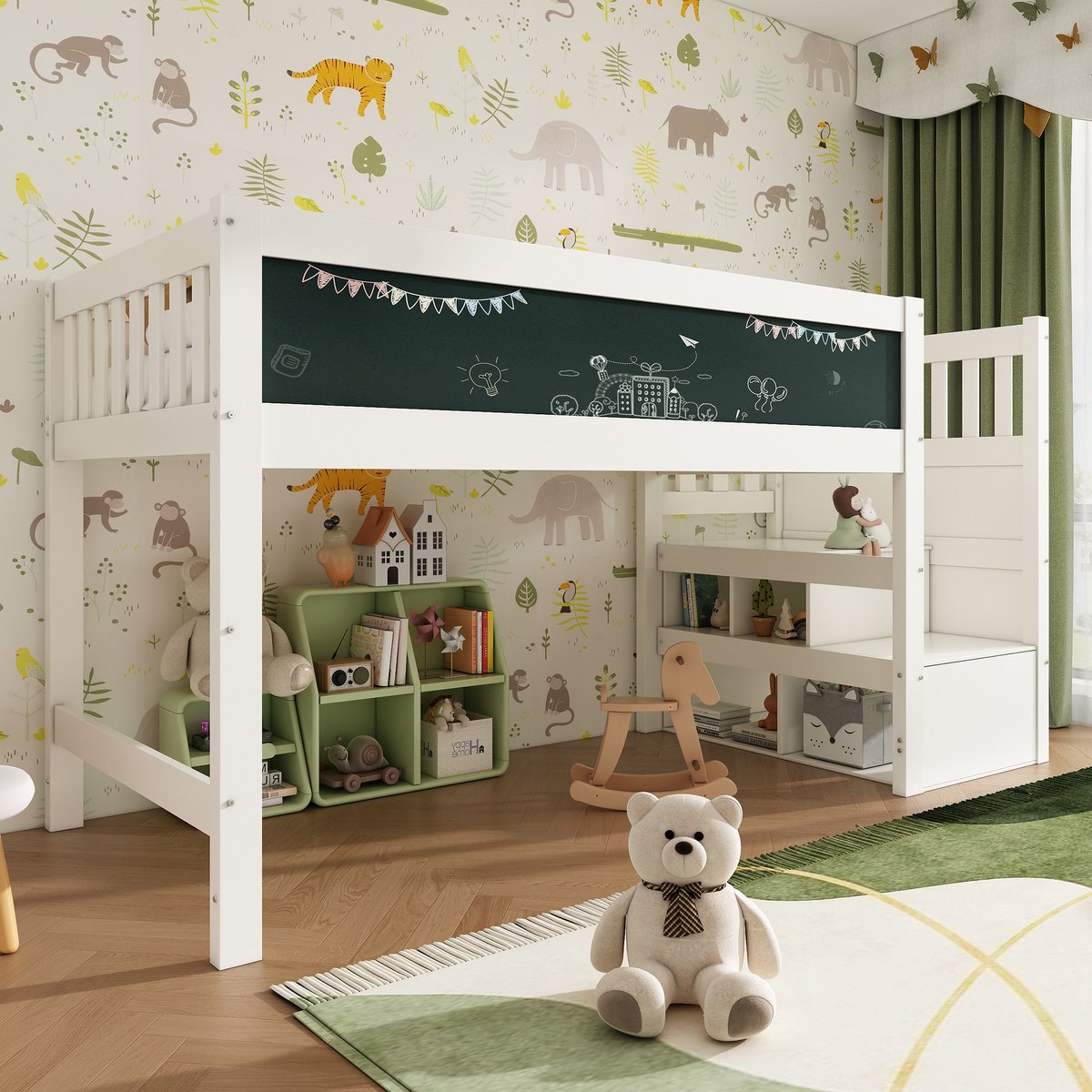 VVBV Hoogslaper 90x200 / Kinder hoogslaper – met Trap, Opbergruimte, Ladder – Massief Hout – Wit – Zonder Matras – Veiligheidshek White